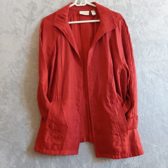 CHICO'S Open Front Jacket 2 L 12 14 Sleek Shiny True Red Pockets cuffed long - Picture 2 of 13